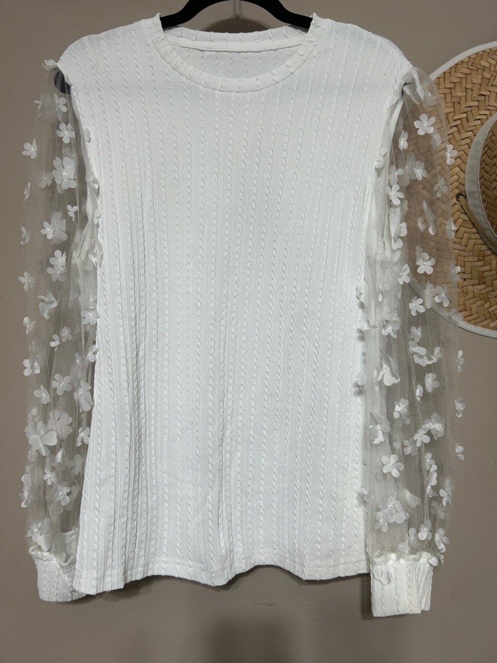 White Floral Mesh-Sleeve Knit Top - Women